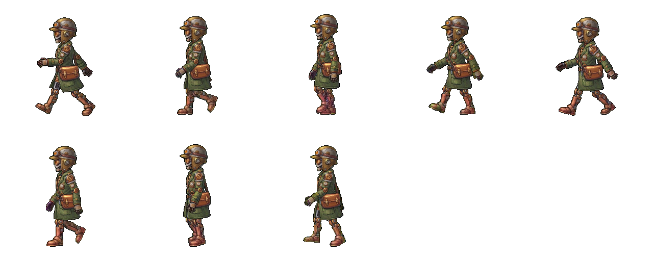 Eight-frame Clockwork Courier walk spritesheet generated by Spritey AI